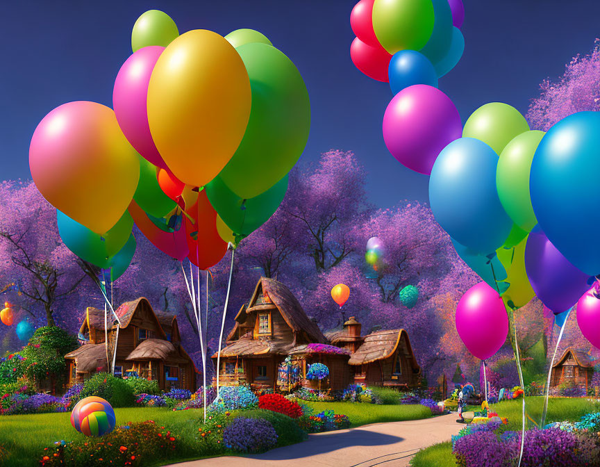 Colorful balloons float over picturesque fantasy village scene.