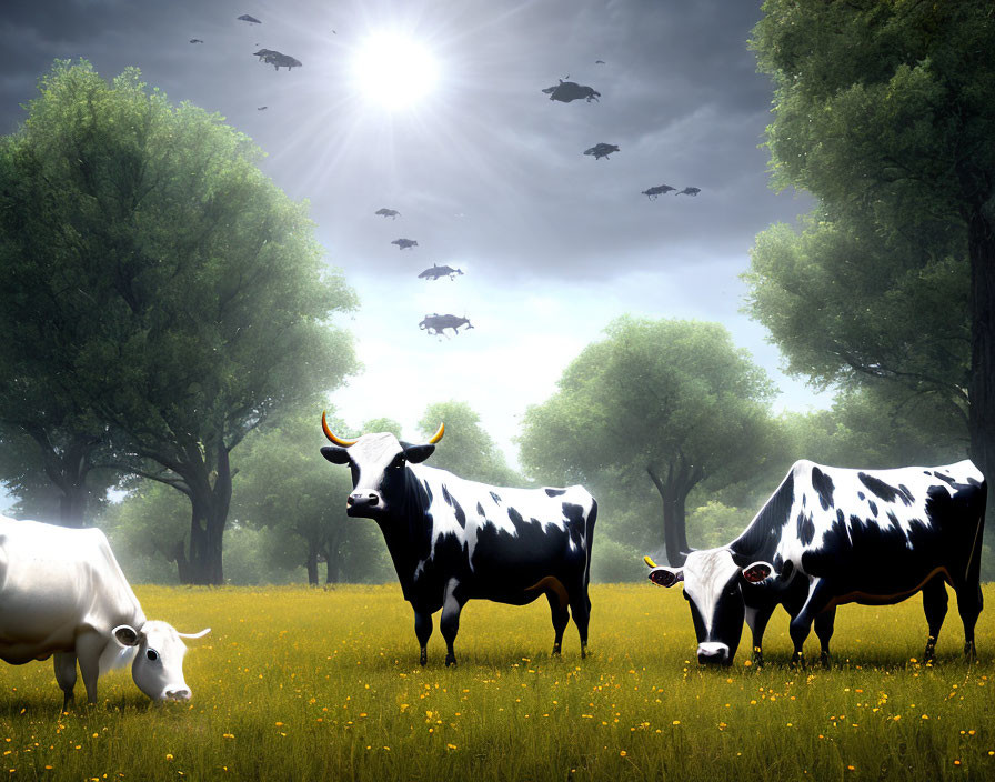 Herd of Cows in Sunlit Field with Green Trees and Birds