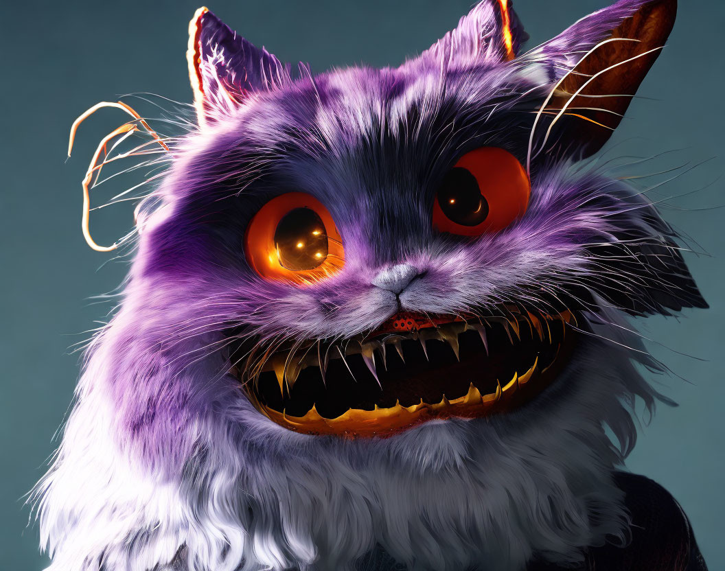 Whimsical purple cat with fangs, glowing eyes & horns