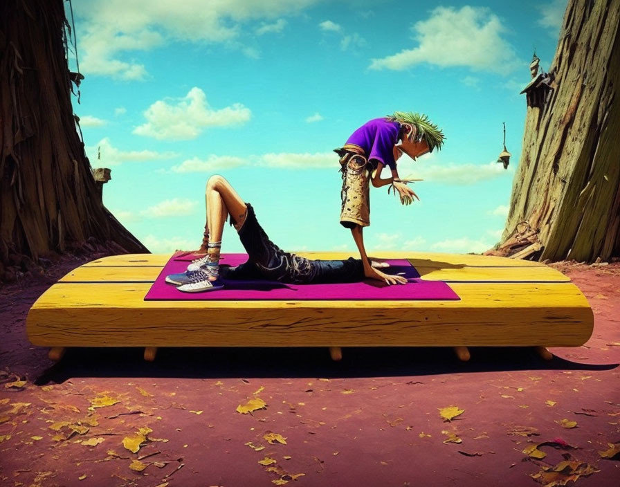 Stylized animated character doing a one-handed pushup in desert setting