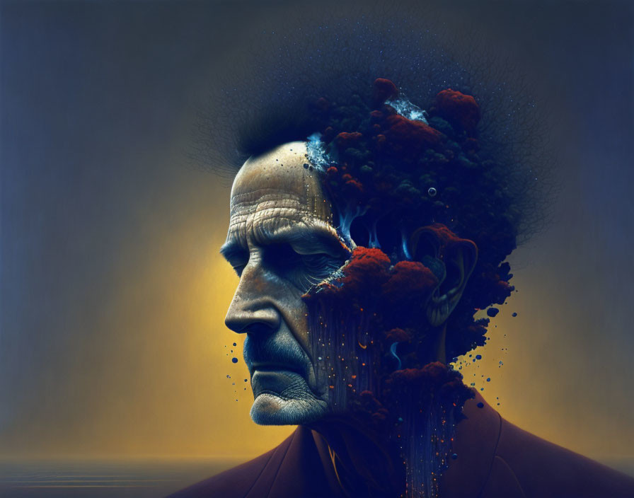 Surreal portrait of a man with disintegrating head and colorful streaks