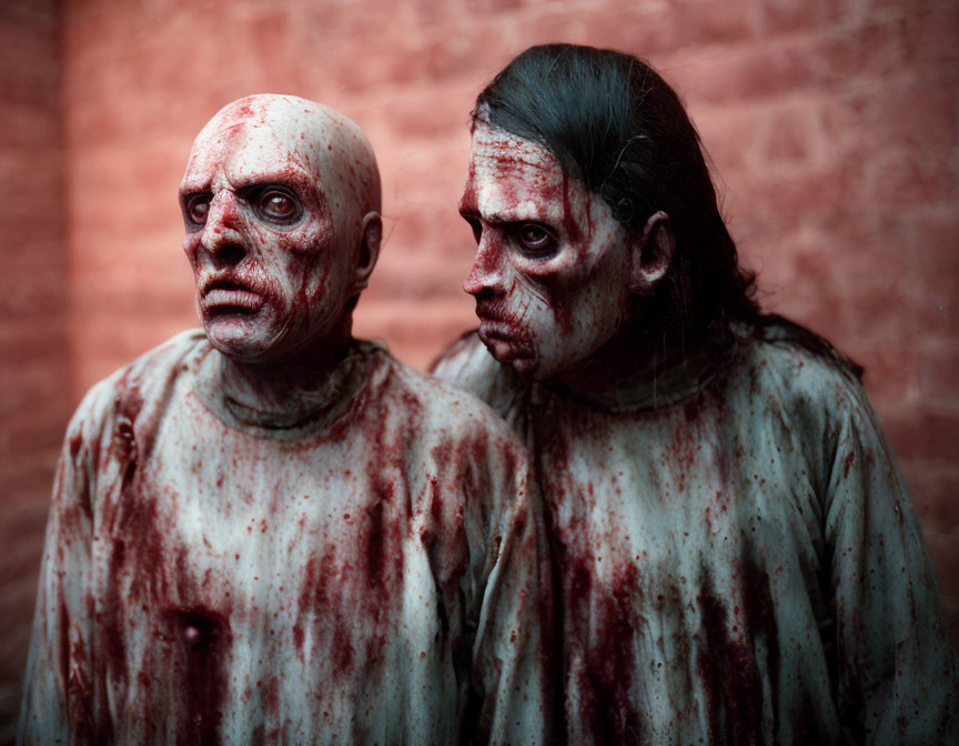 Two individuals with horror makeup resembling zombies against red brick background