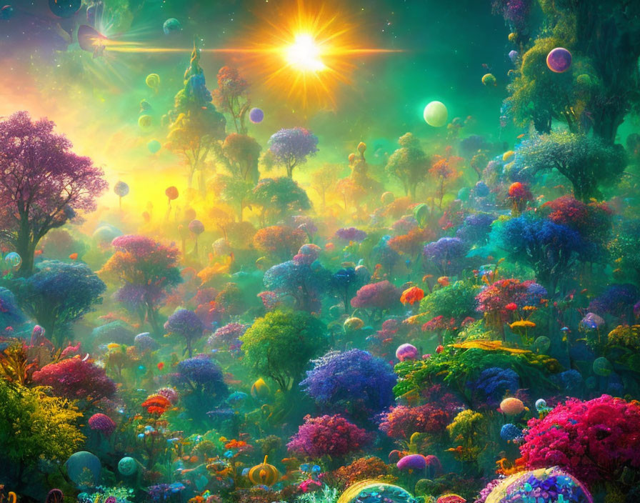 Colorful Flora and Floating Orbs in Fantastical Landscape