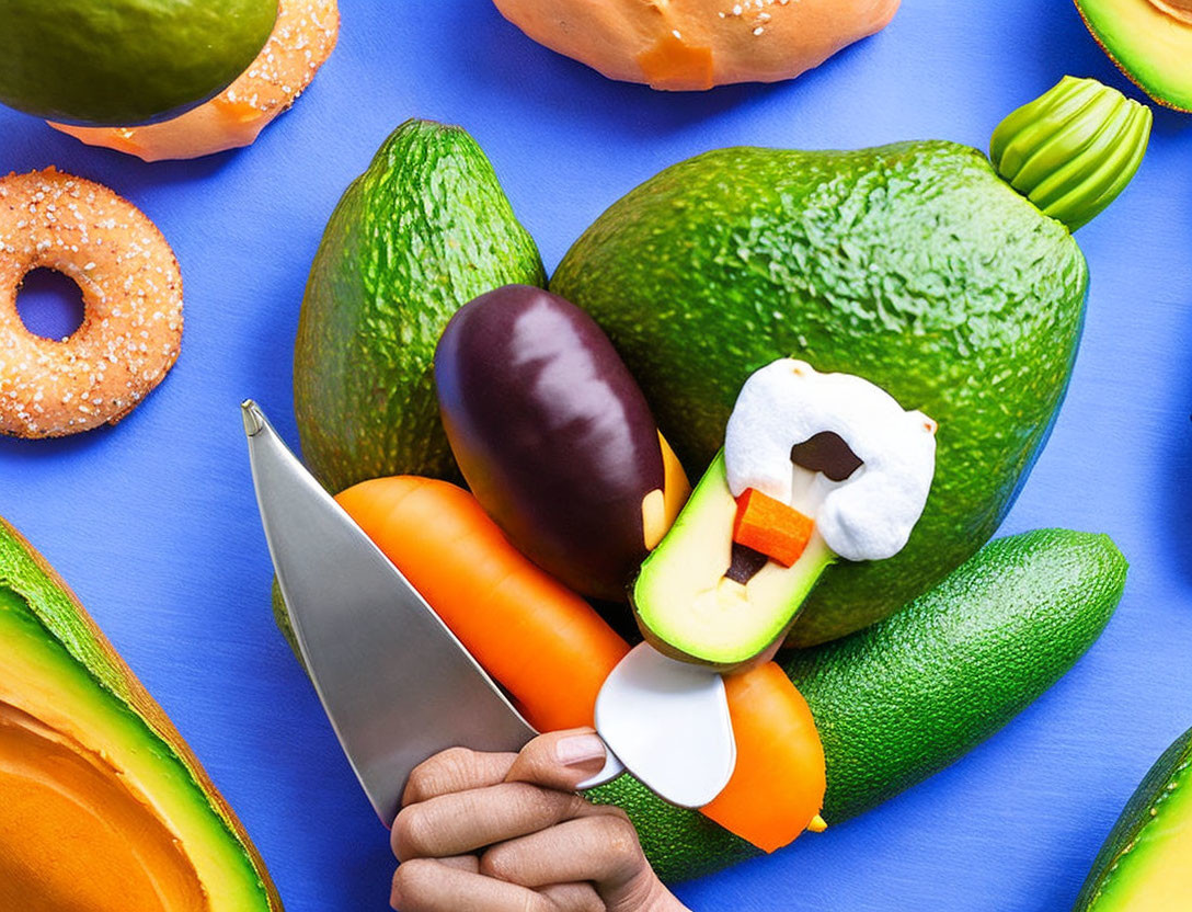 Vibrant food assortment with avocado, donut, and knife on blue backdrop