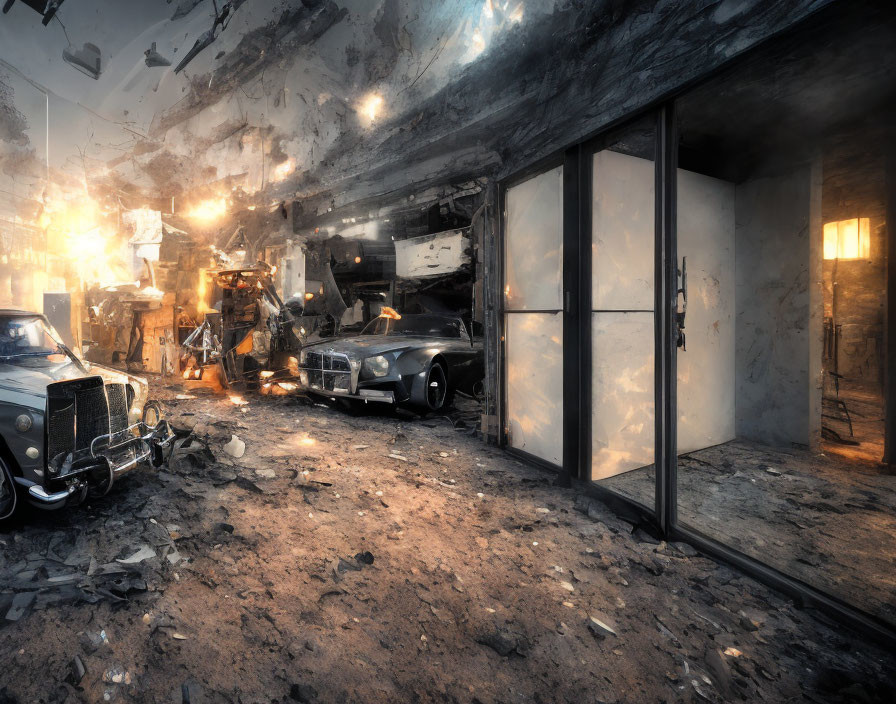 Abandoned underground garage with vintage cars and debris.