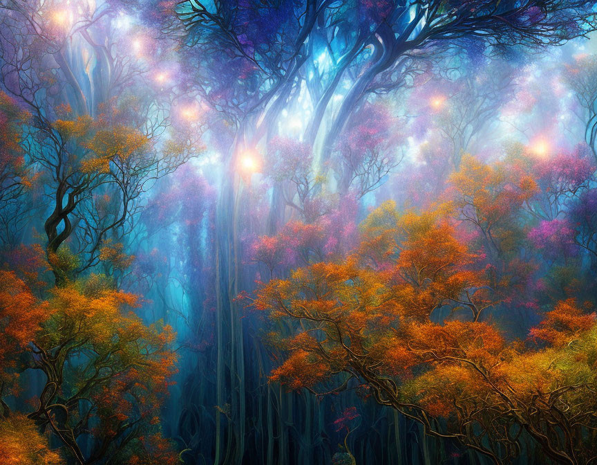 Twisted trees in mystical forest with vibrant orange and purple foliage