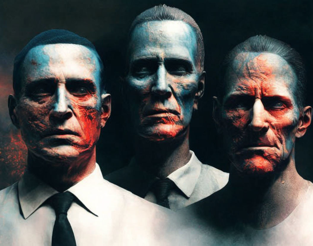 Three men with stoic expressions and painted faces in red, white, and blue on dark backdrop