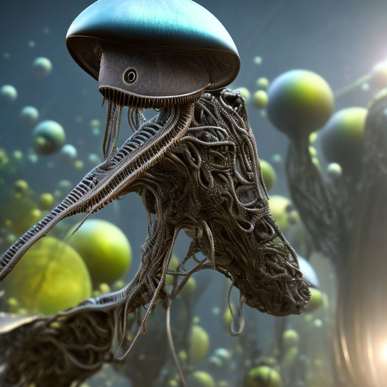 Surreal creature with mushroom cap in digital artwork