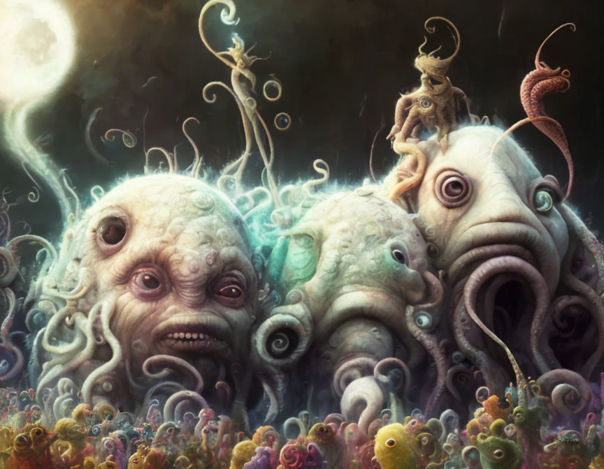 Fantastical surreal scene with multi-eyed creatures and king-like figure amid colorful backdrop