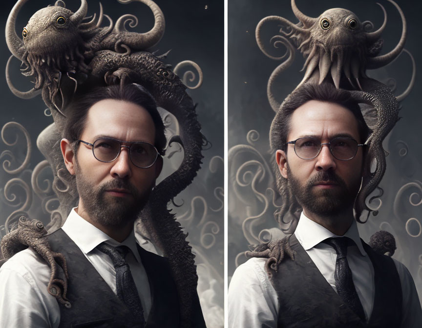 Diptych portrait: man with octopus on head