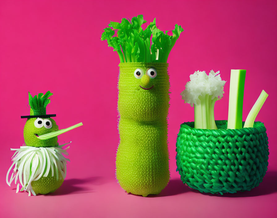 Anthropomorphized Vegetables with Googly Eyes: Celeriac, Zucchini,