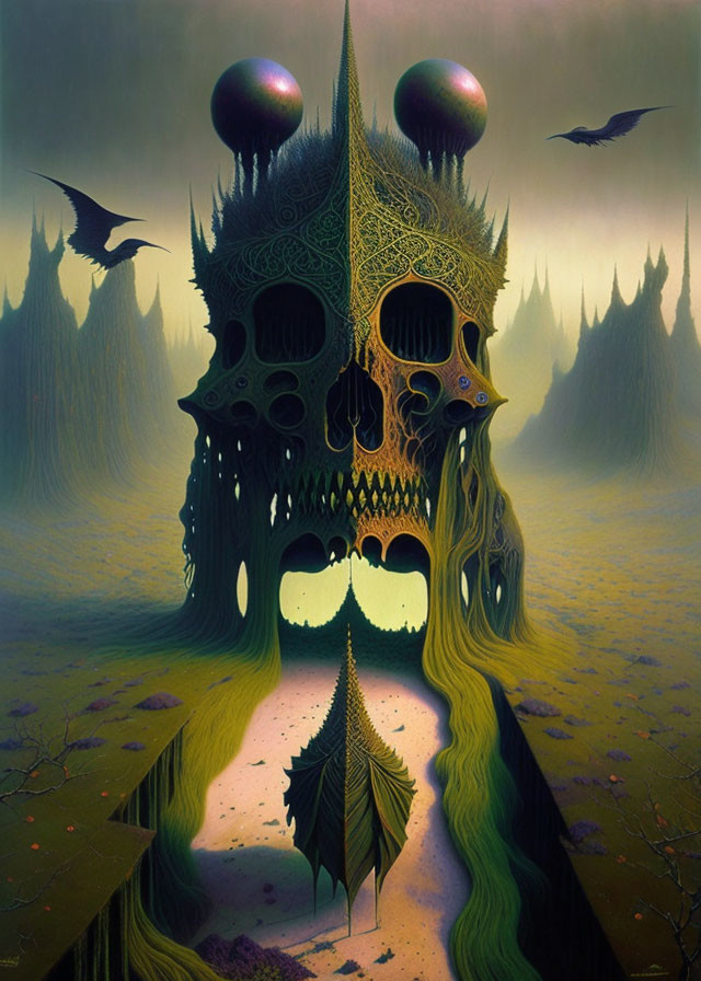 Surreal painting of towering creature with skull-like features