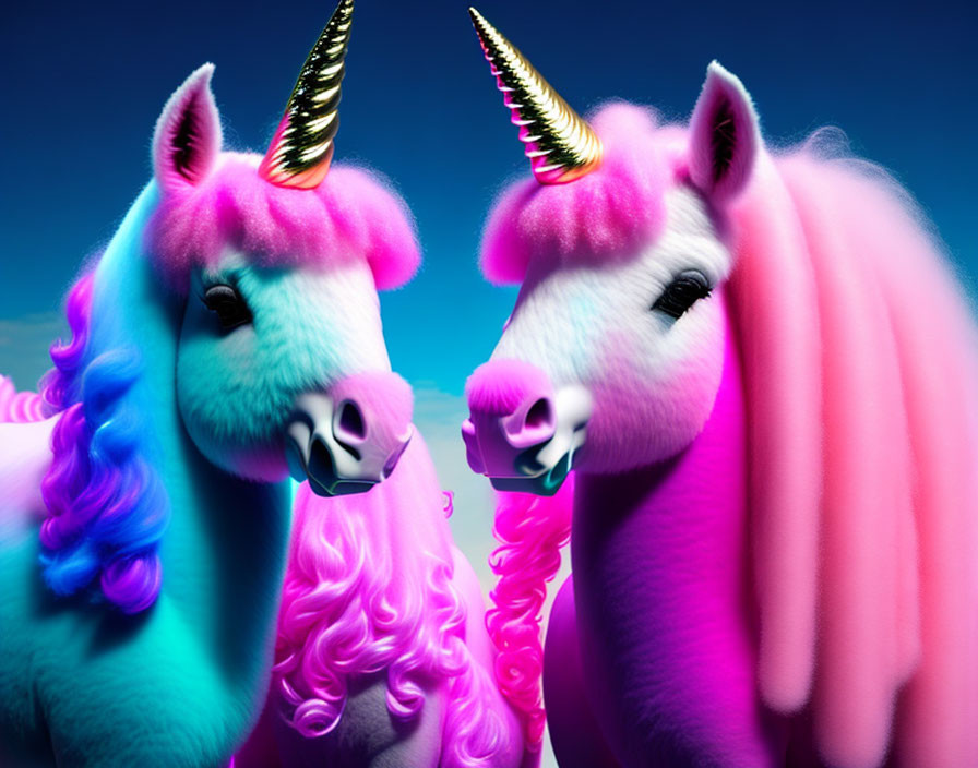 Colorful Toy Unicorns with Pink and Blue Manes on Blue Background