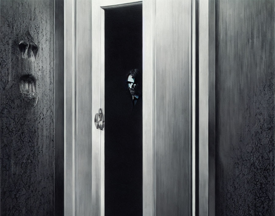 White Masked Person Peering Through Partially Open Door in Dark Hallway