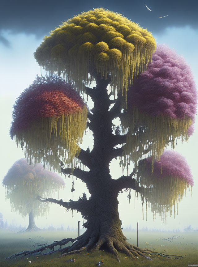 Colorful treetop clusters on thick trunk in misty landscape