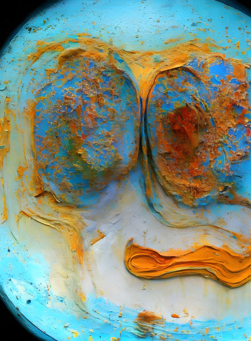 Abstract Painting: Blue Background with Orange, Rust, and Golden Textures