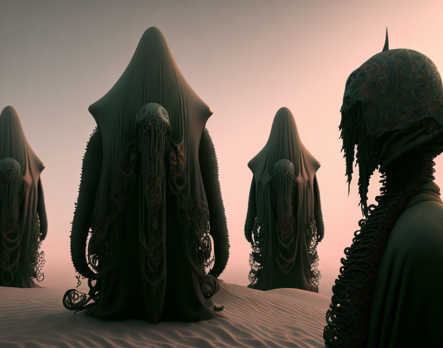 Surreal landscape: hooded figures, intricate patterns, dusky sky