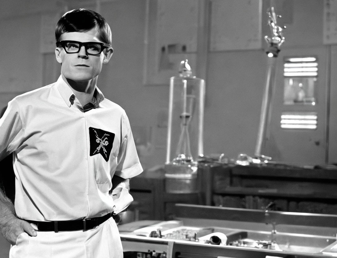 Man in glasses in lab with emblem on white shirt near scientific equipment