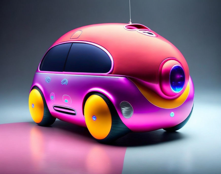 Futuristic Car Design in Pink and Purple with Frontal Window and Blue Wheels