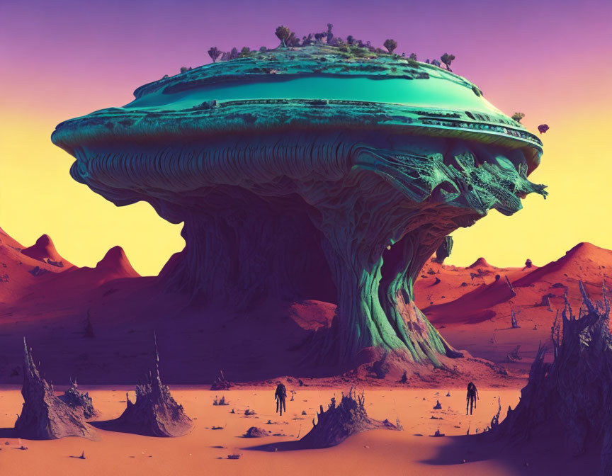 Gigantic mushroom-shaped structure in surreal alien landscape