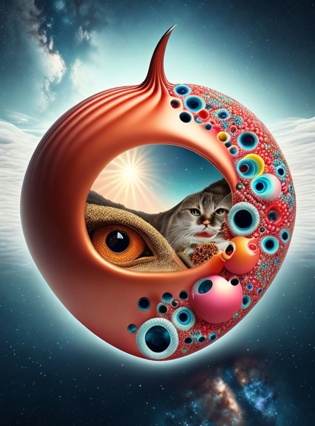 Surrealistic looped object with eyes, bubbles, cat, and cosmic backdrop.