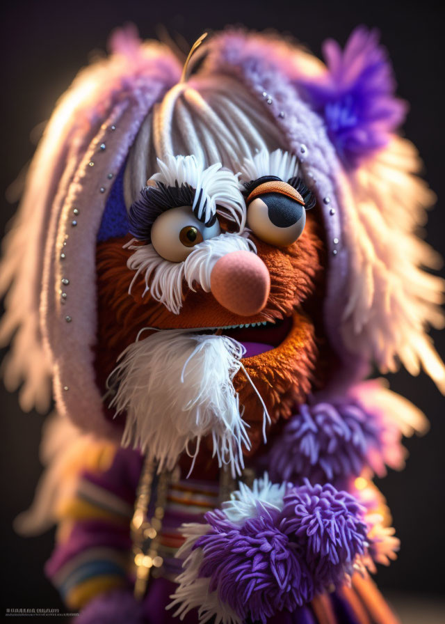 Colorful puppet with purple accents and white hair in whimsical design