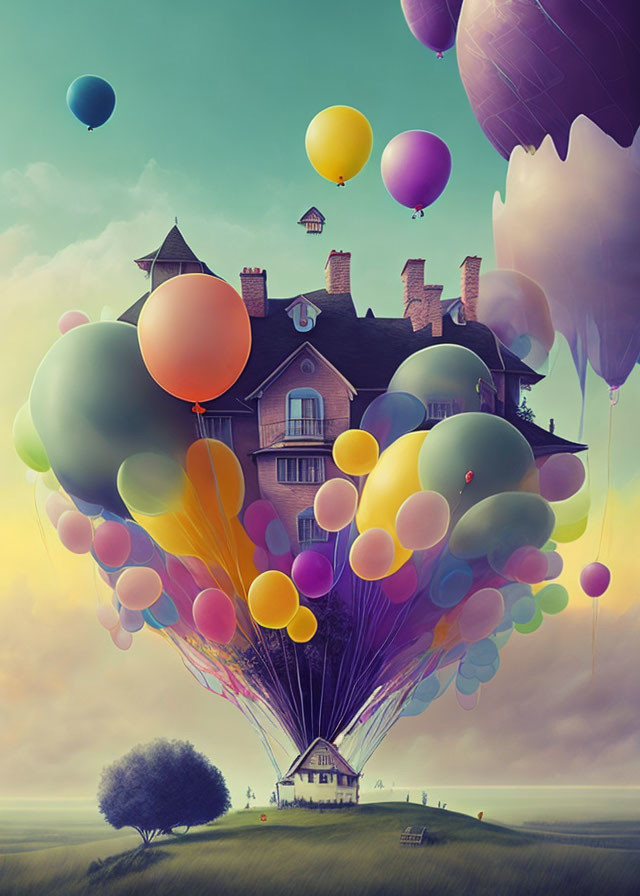 Colorful Balloon-Filled House Soaring in Sky Illustration