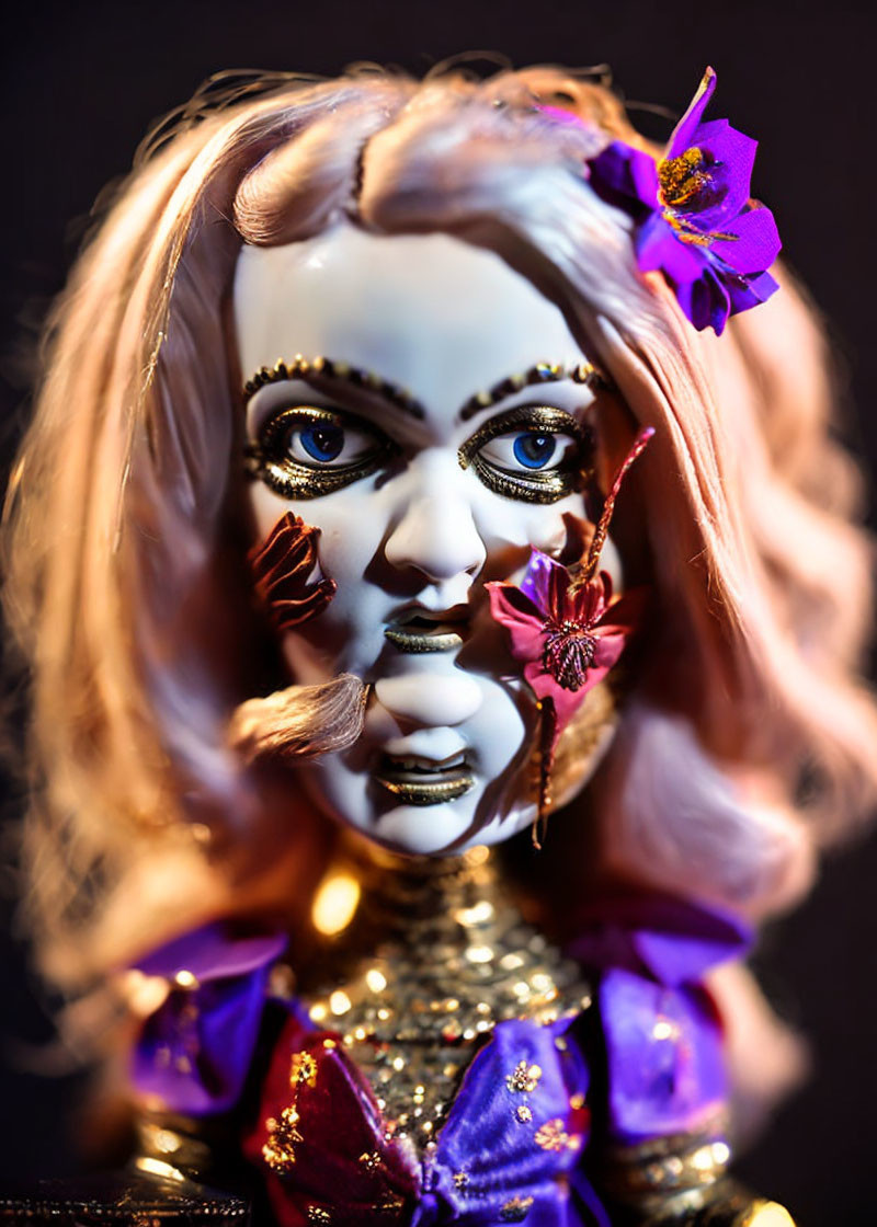 Close-Up: Doll with Intricate Makeup, Pink Hair, Purple Flowers