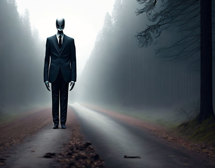 Alien-headed figure in suit on eerie, foggy road