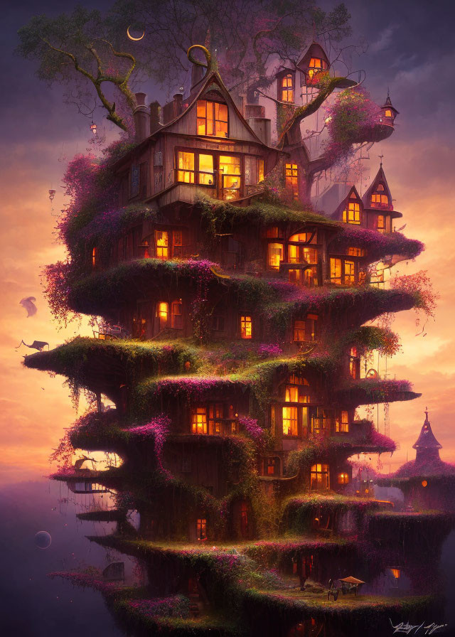 Twilight view of multi-tiered treehouse in lush setting