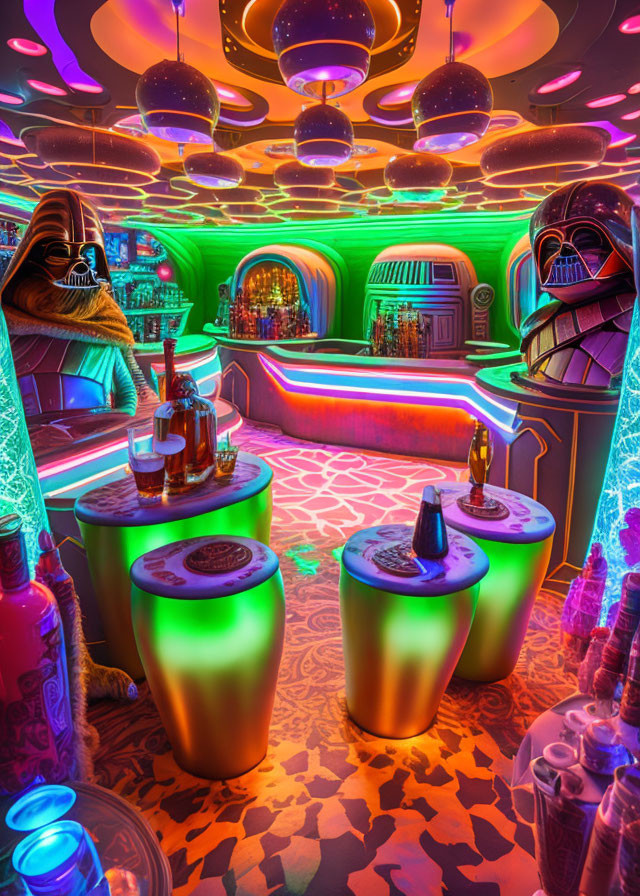 Futuristic bar with neon lights and sci-fi decor