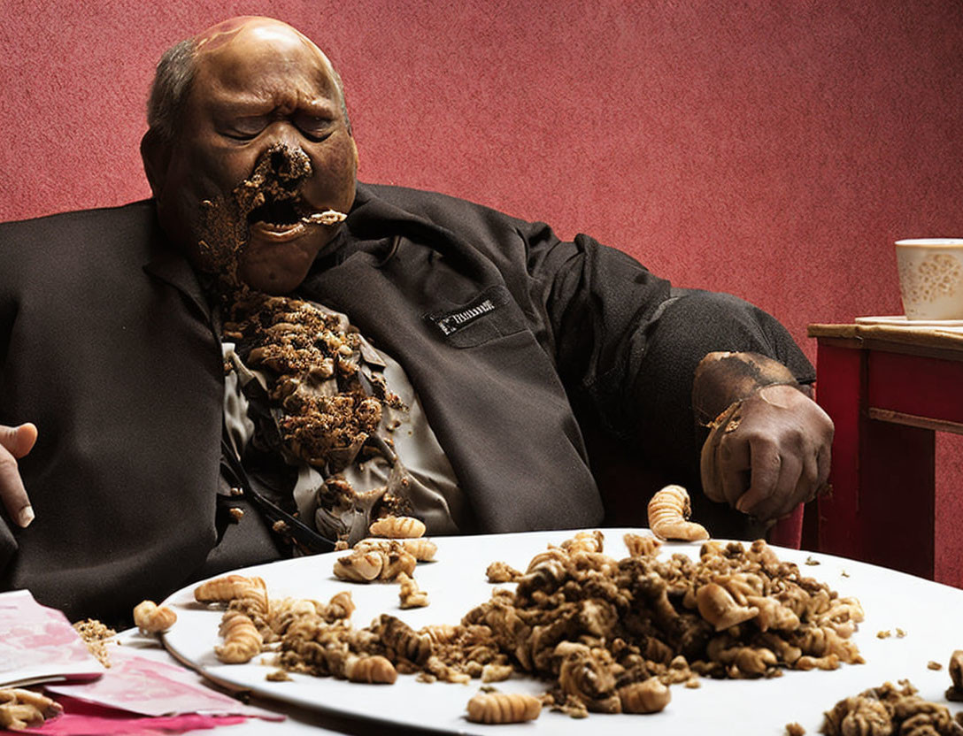 Man Covered in Chocolate Surrounded by Pastries on Table