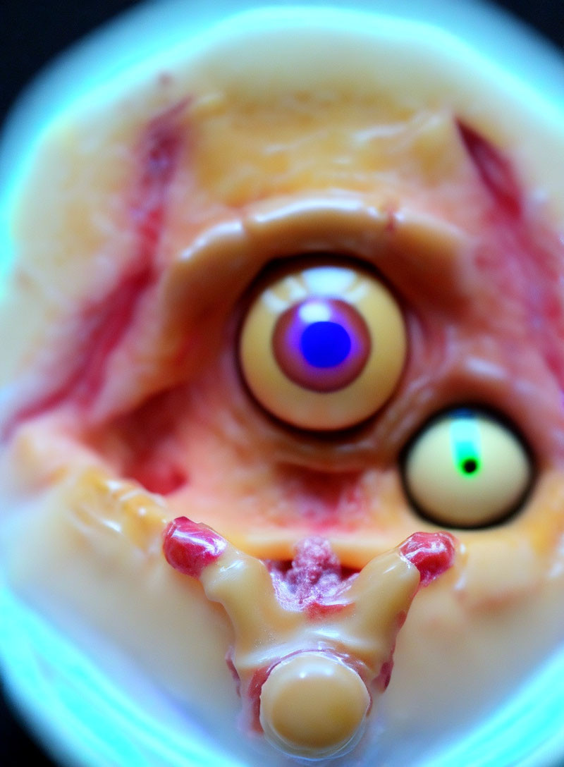 Detailed prosthetic eye with synthetic flesh and blood vessels on black background