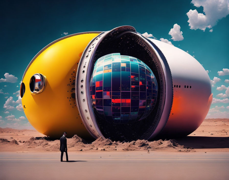 Futuristic capsule structure with digital screens in desert landscape