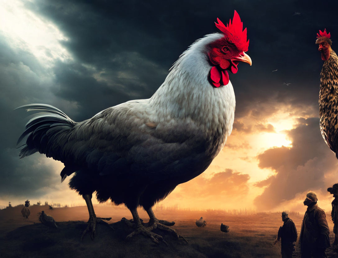 Enormous Rooster in Apocalyptic Landscape with Chickens and Onlookers