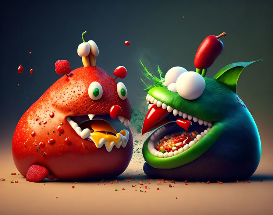 Animated monsters in strawberry and blueberry shapes having a playful food fight