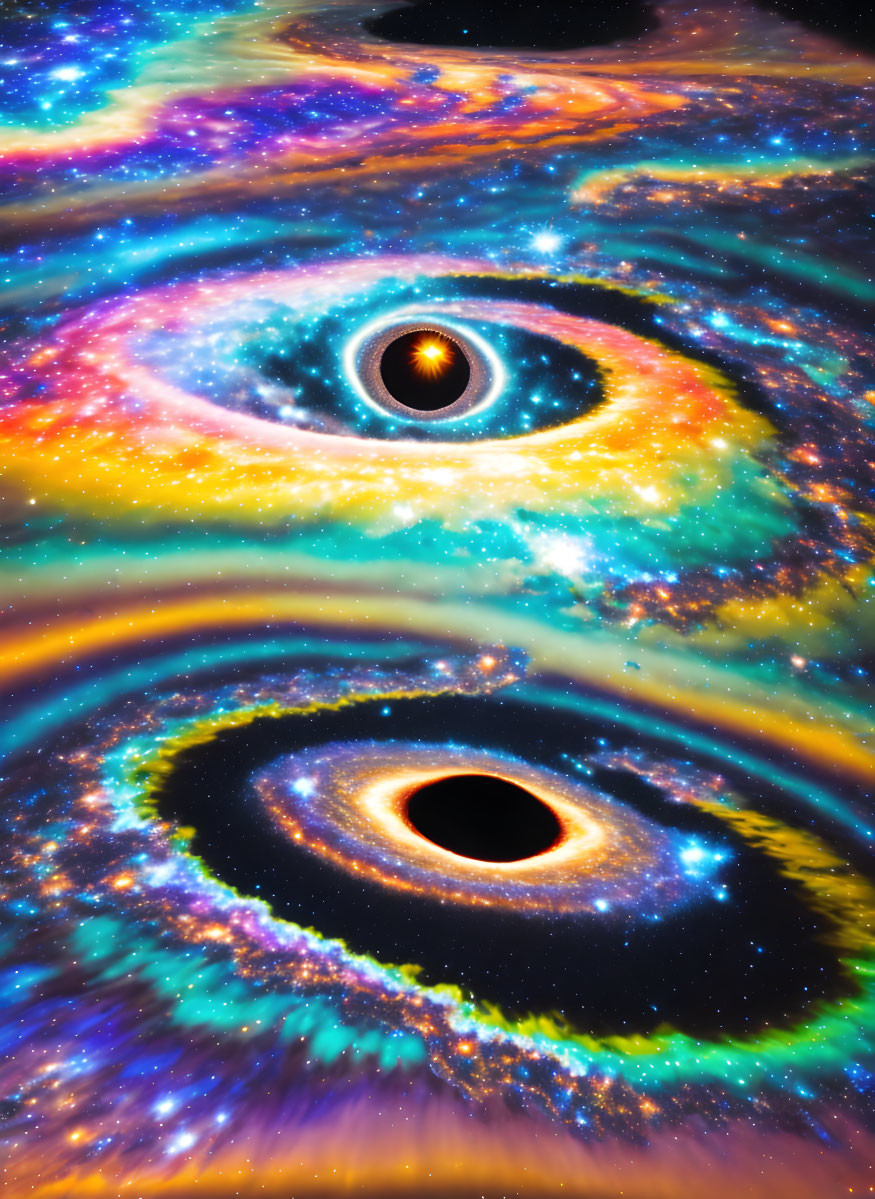 Colorful depiction of swirling galaxies around two black holes