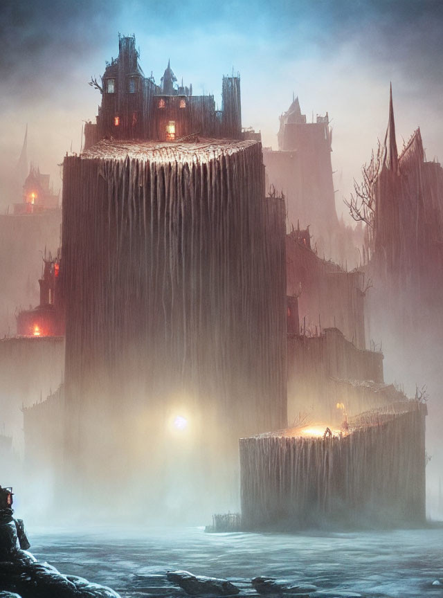 Eerie castle on vertical cliff in mist with warm glow amidst dark landscape