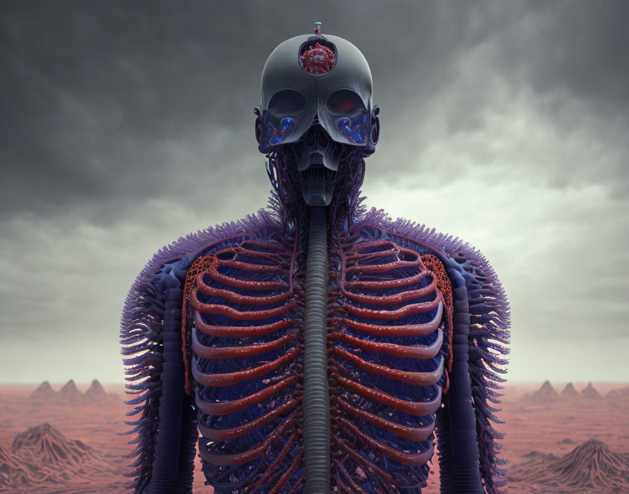 Humanoid Robotic Skeleton with Skull Head in Red and Blue Wires on Cloudy Landscape