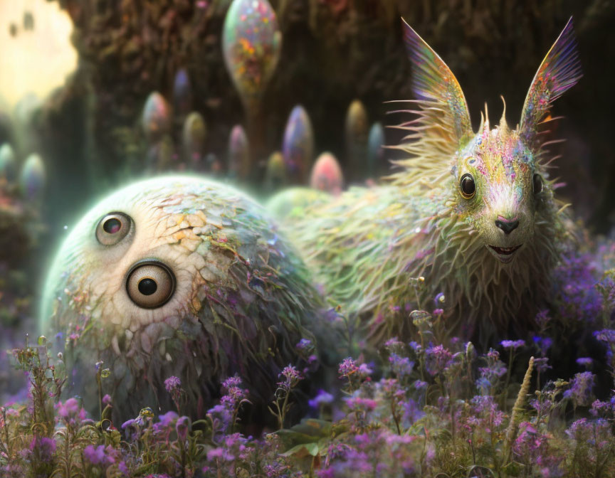 Colorful Rabbit-Like Creature in Vibrant Meadow with Large Eyes and Ears