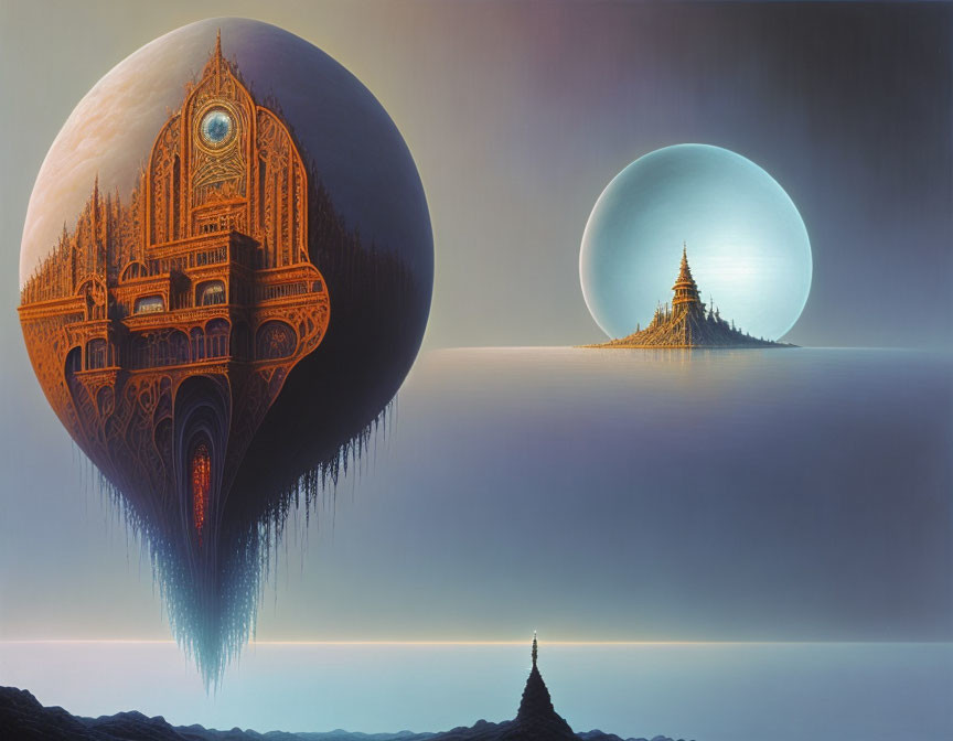 Surreal artwork: Ornate floating structures above barren landscape