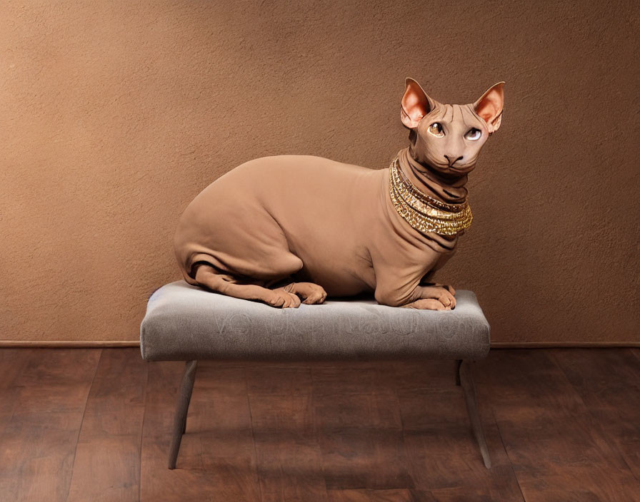 Hairless Sphinx Cat with Amber Eyes Wearing Gold Necklaces on Grey Couch