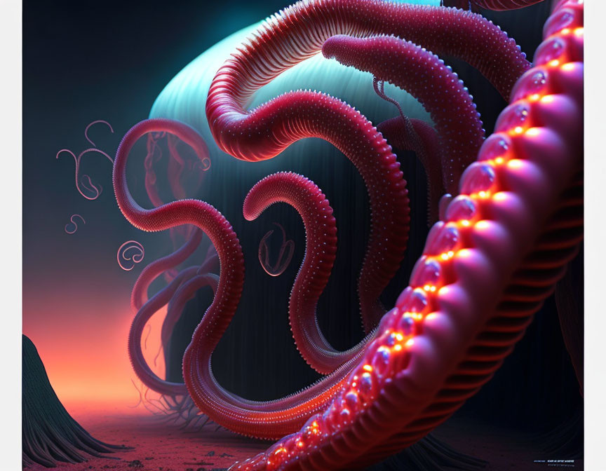 Surreal artwork with tentacle-like structures under alien sky