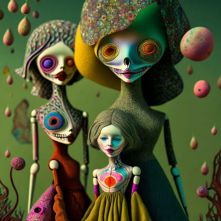 Colorful surreal figures with oversized eyes in a dreamlike scene.