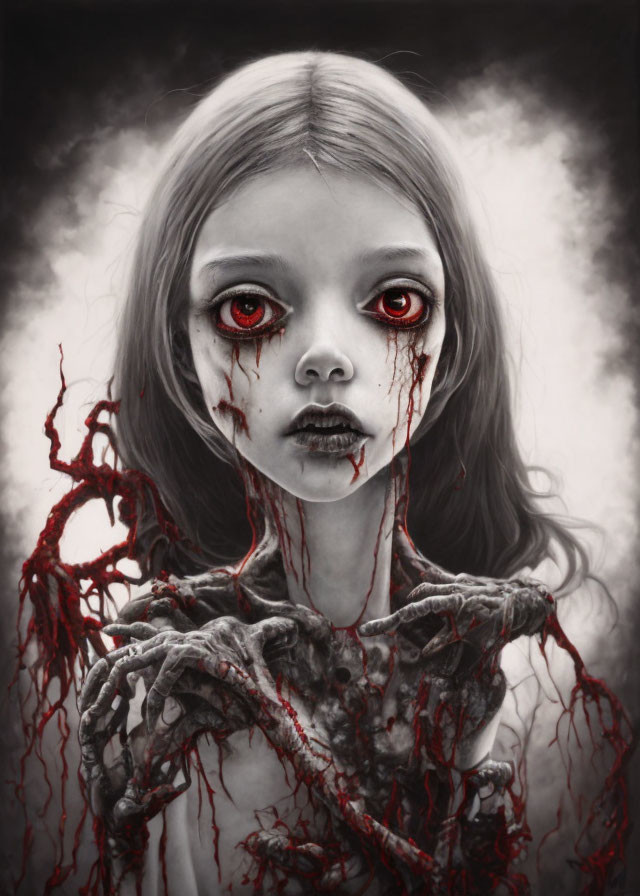 Monochrome portrait of girl with red eyes and bleeding tears, entangled in red-veined tendr