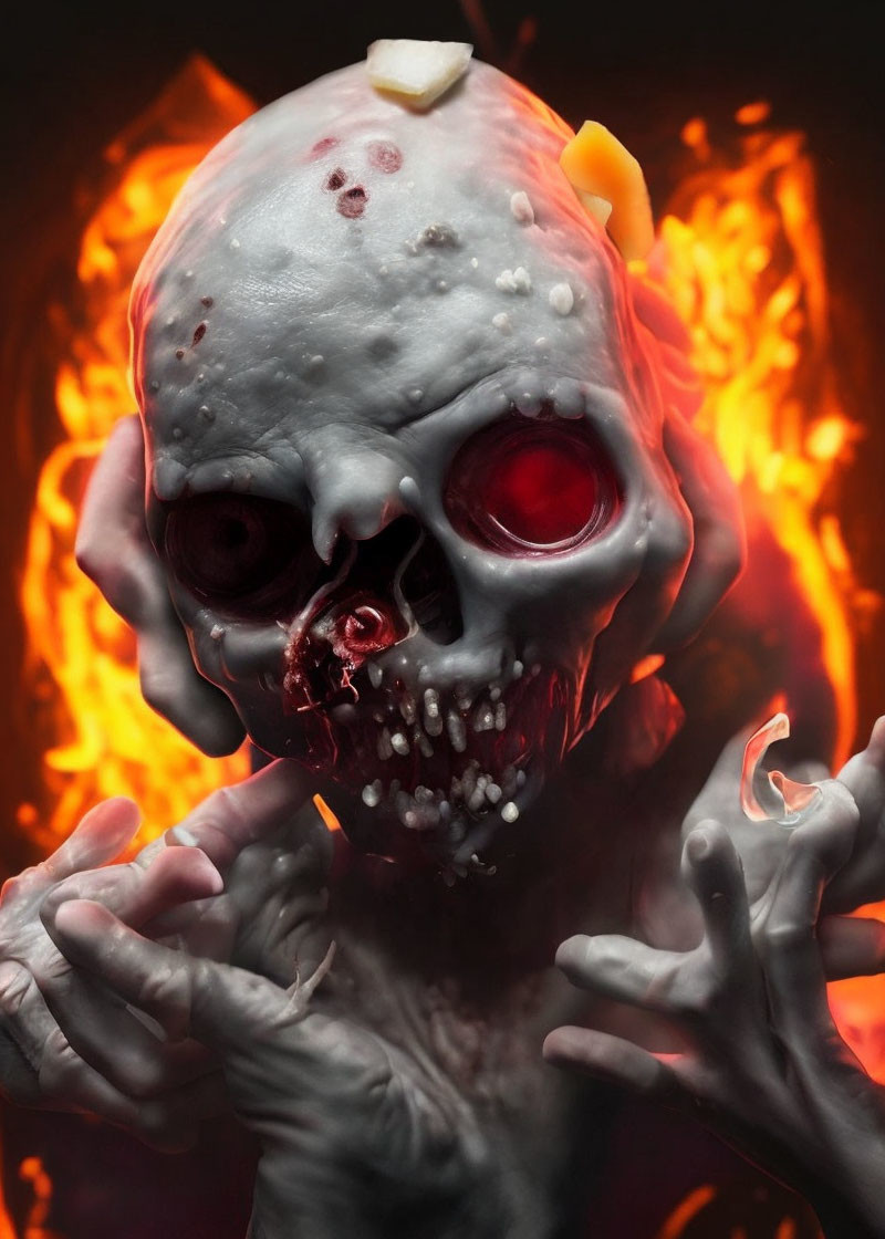 Sinister skull-faced figure with glowing eyes in fiery setting.