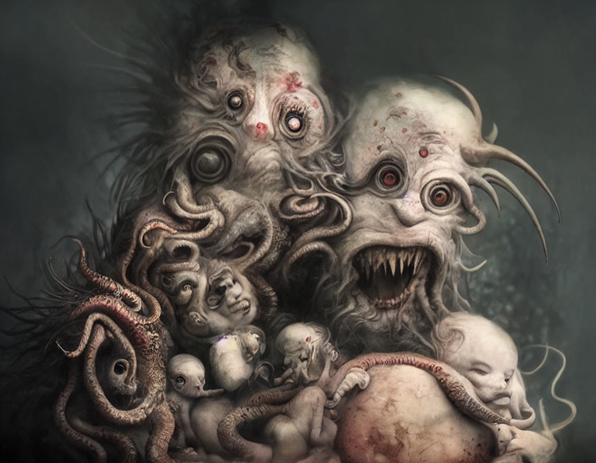 Surreal macabre artwork with distorted human-like faces and eerie red eyes