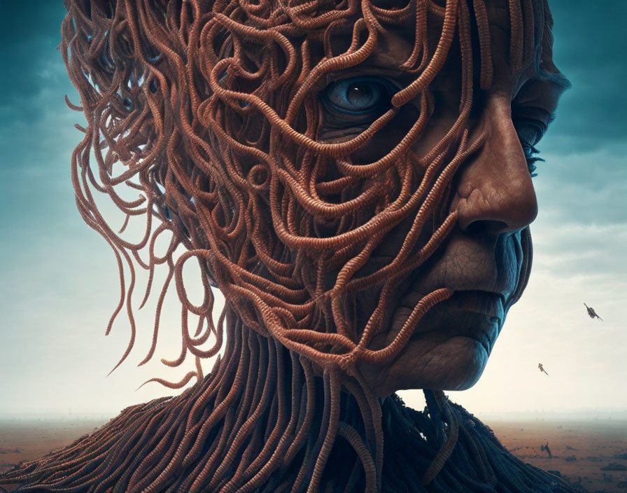 Surreal portrait featuring coiled rope-like textures and birds in a desolate landscape