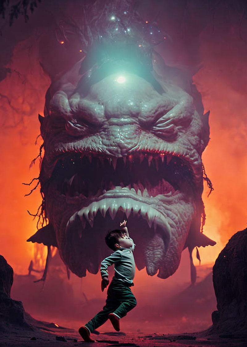 Frightened boy fleeing giant monster in eerie, red-lit landscape