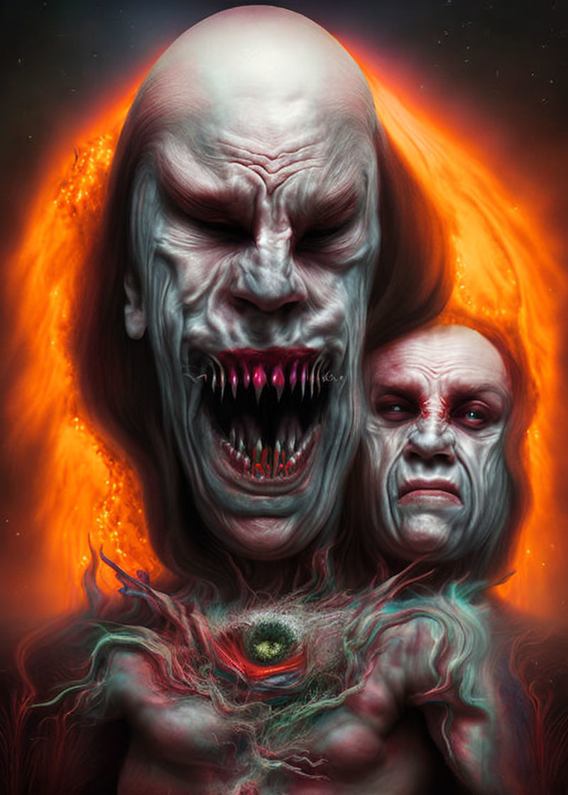 Macabre fantasy art: Distorted figures with sharp teeth and third eye